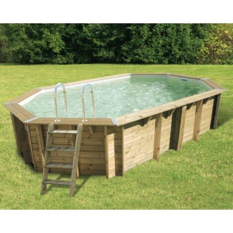 Ubbink – Piscine hors sol en bois octogonale allongée 355x490x130cm – Liner beige – Volume 15,8m³ – Structure en bois autoclave classe 4