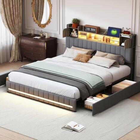 lit adulte 140x200 cm, 4 tiroirs, Sommier à lattes, éclairage LED multimode, motif grain bois, tête lit avec port USB Type-C, gris (1/5)