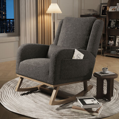Fauteuil à bascule avec dossier épais - 93x68x96 cm, poches latérales, cadre en bois massif, Confort Ergonomique pour Salon et Chambre - gris (1/5)