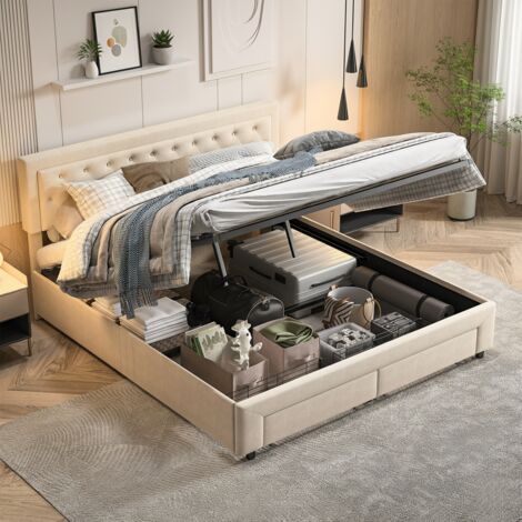 Lit coffre double 160x200 cm - Tête de lit velours - Lit relevable hydraulique avec deux tiroirs à roulettes métalliques - Sommier à lattes - Beige (1/5)