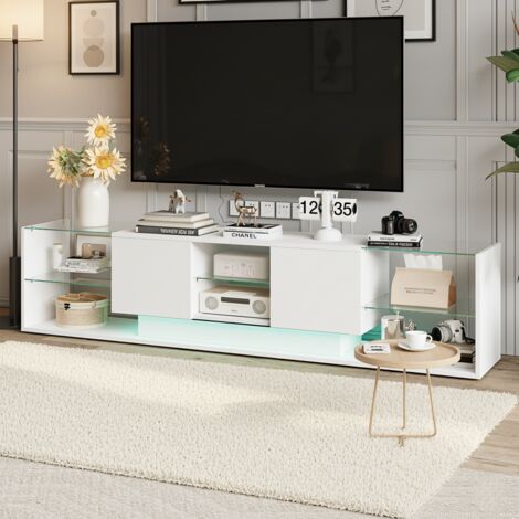 Meuble TV - Finition brillante, 200 cm, éclairage LED 24 couleurs, 2 tiroirs sans poignées, compartiments de rangement en verre trempé - Blanc (1/5)