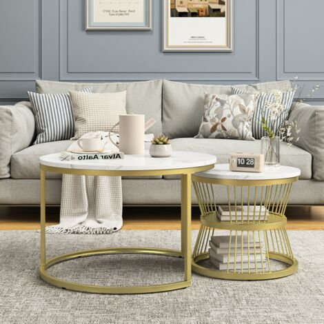 Tables Basses Gigognes - Lot de 2, scandinave - avec double espace de rangement, Coussinets anti-rayures, structure métal, MDF, motif marbre - Blanc