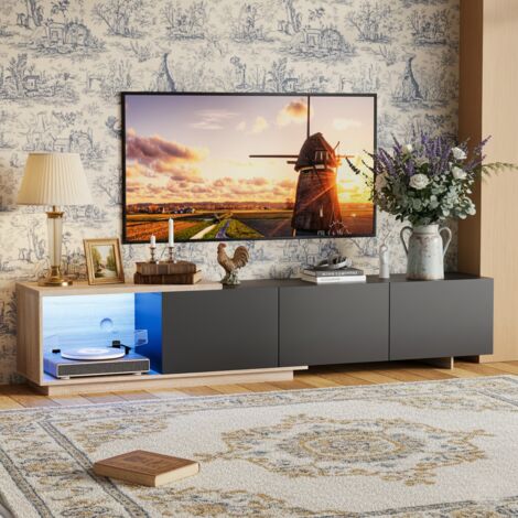 Meuble TV - 3 tiroirs à poussoir - 180 cm, Bande lumineuse LED tricolore activée par induction - Finition bois - trou de collecte de fil - Noir (1/5)