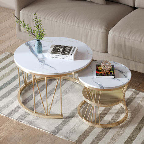 Table basse ronde Lot de 2 - 1x Ø70xH45cm/1x Ø45xH40cm, pieds réglables, cadre en métal en forme de V, texture marbre, MDF - Doré (1/5)