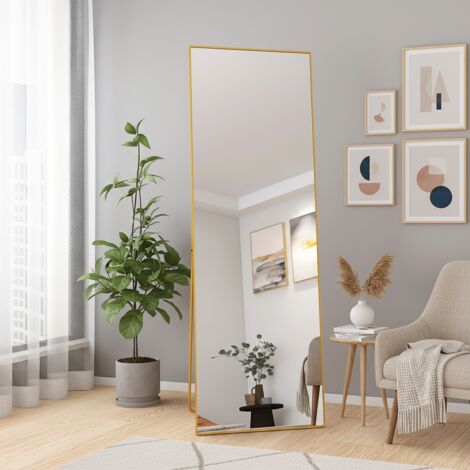 Miroir sur pied, Miroir mural, Miroir Intégral, l.53 x H.162 cm, miroir rectangulaire, avec cadre, base antidérapante et support réglable - doré (1/5)