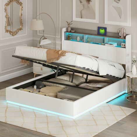 Lit coffre 160x200 cm, avec espace de rangement, tête de lit capitonnée imitation bois, Fonction de charge, éclairage d'ambiance LED, blanc (1/5)