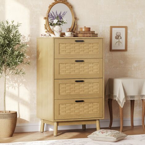 Commode Couleur bois de noyer, 4 tiroirs, grand espace de rangement, B60 x H91 x T34 cm, motif grain bois, pour salon et chambre - style bohèm (1/5)