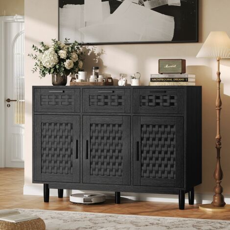 Buffet en rotin PVC de style bohème - noir - 3 portes+3 tiroirs, poignées en métal - 107x40x80 cm - armoire en bois massif (1/5)