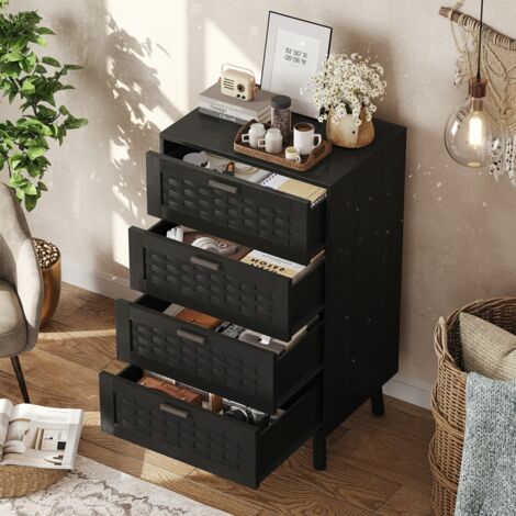 Commode noire à cinq tiroirs, 4 tiroirs, grand espace de rangement, motif grain bois, B60 x H91 x T34 cm, pour salon et chambre - style bohèm (1/5)