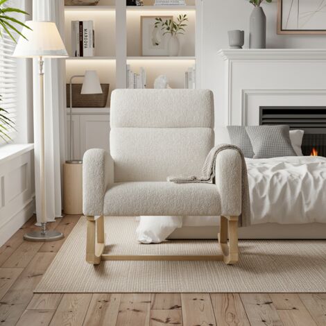 Fauteuil à bascule - avec accoudoirs dossier en peluche, 78x60x87 cm, coussin d'assise élargi, poches latérales - autocollants antidérapants - Beige (1/5)