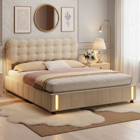 Lit coffre 140x200 avec sommier, velours, rangement, lit double adulte, lumière chaude à capteur, lit capitonné style scandinave - Beige (1/5)