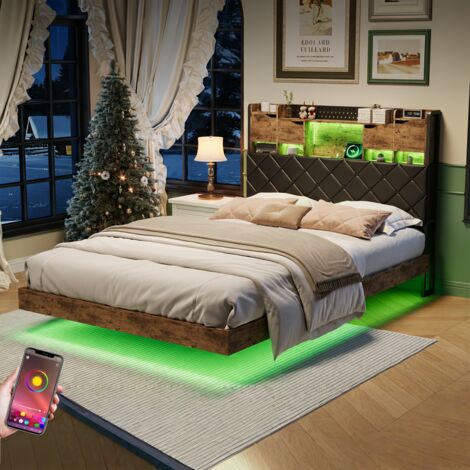 lit double 160x200 cm, prise courant, tête de lit multifonctionnelle, Éclairage LED, 11 pieds en métal Cadre de lit flottant, noir (1/5)