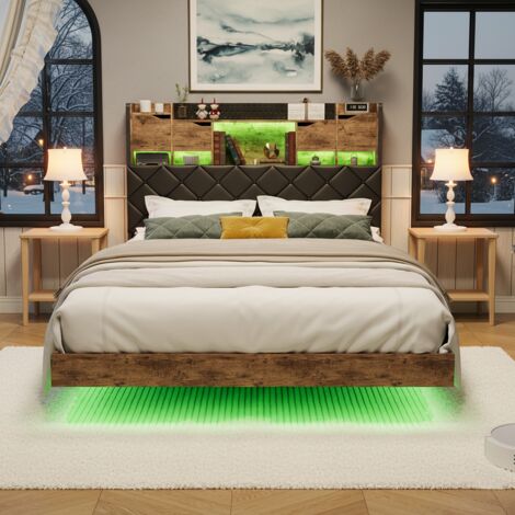 lit double 140x200 cm, prise courant, tête de lit multifonctionnelle, Éclairage LED, 11 pieds en métal Cadre de lit flottant, noir (1/5)