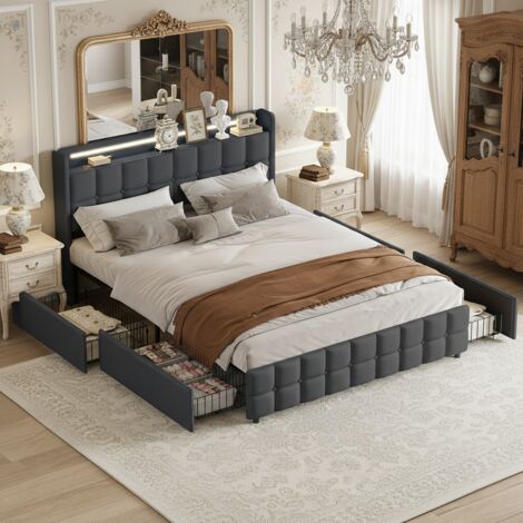 lit double 160x200 cm 4 tiroirs, lit adulte avec sommier, avec tête de lit, éclairage LED - style nordique - gris (1/5)
