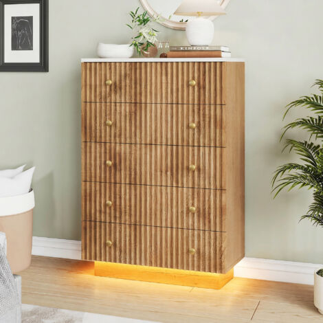 Commode - Chiffonnier - 5 Tiroirs - Façade Rainurée et Poignées Dorées - Chambre Adulte casiers -73x40x110 cm - Naturel - Style Scandinave