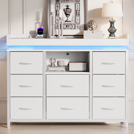 Commode 8 tiroirs, buffet salon, espace de stockage ouvert, éclairage LED, structure en métal, Pieds réglables en hauteur, 108x30x80 cm - Blanc (1/5)