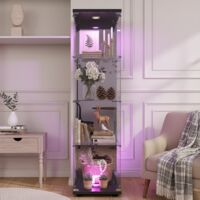 Vitrine autoportante en verre, quatre étagères, une porte, verre trempé, avec éclairage LED et panneau de base, noire