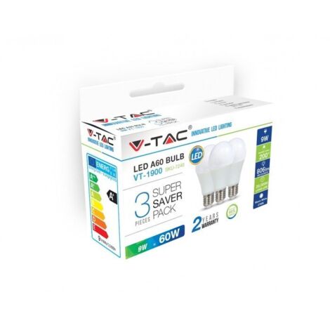 KIT Super Saver Pack V-TAC 3PCS/PACK Ampoule LED SMD A60 9W E27 VT-1900 - SKU 7240 Blanc chaud 2700K (1/5)