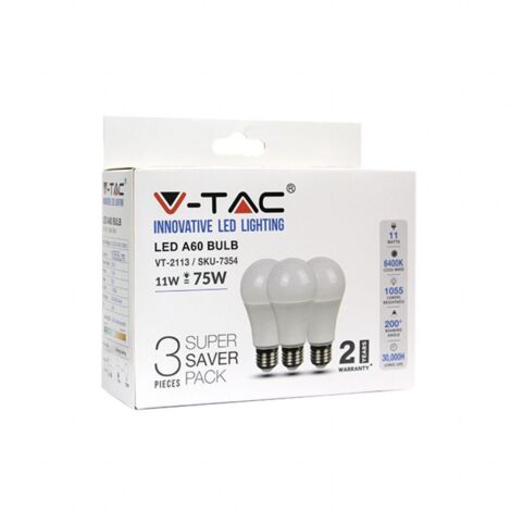 KIT SUPER SAVER PACK V-TAC 3PCS/PACK AMPOULE LED SMD A60 11W E27 VT-2113 - SKU 7354 Blanc forid 6400K (1/5)