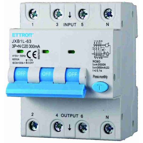 ETTROIT JX262068 Disjoncteur différentiel 3P+N 20A 300mA 380V-6KA CLASSE A