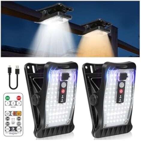 2 lampes solaires pour extérieur, 2 pièces de lampes solaires avec clip avec détecteur de mouvement, 70 LED, 3 températures de couleur, USB et télécommande, lampe solaire étanche pour clôture (1/5)