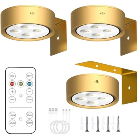 Eclairage Tableau Sans Fil,3 pièces Éclairages Murales à Batterie Rechargeable,Spot LED Sans Fil avec Telecommande,Applique Murale Intérieure pour Tableaux,Cadres Photo,Portraits (Doré)