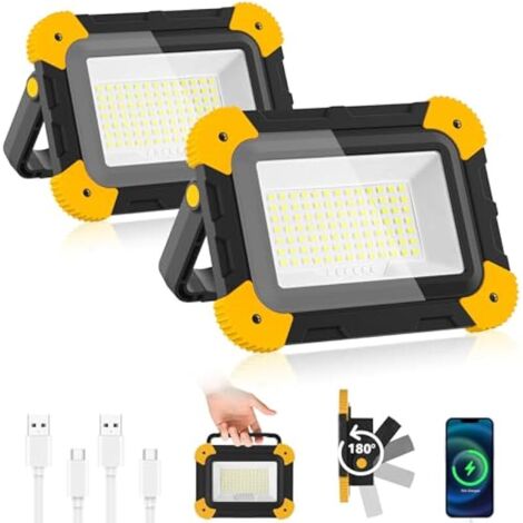 Projecteur Led Rechargeable, 5 Modes Lampe de Chantier Batterie avec Câble USB, 3000mAh Eclairage Chantier Portable, IP65 Étanche Lumiere Chantier pour Garage, Camping, Pêche, 2 Pièces