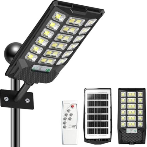 Lampadaire Solaire Exterieur 600W, 6500K Projecteur Exterieur avec Télécommande Étanche IP66 Lumière Solaire Exterieur avec Détecteur de Mouvement, Lampadaires solaires pour Rue Garage Patio Jardin