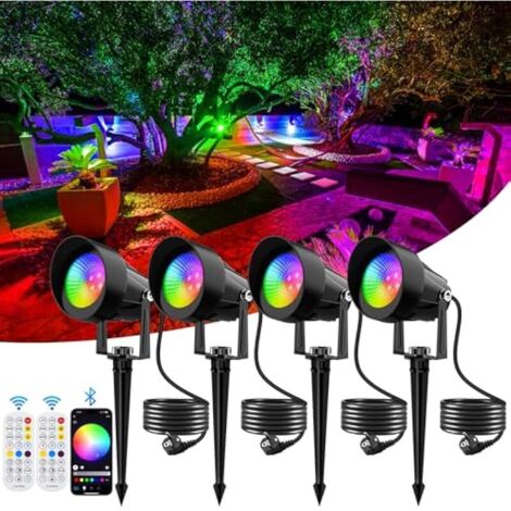 Spot LED Extérieur RGB, 4 Pièces Lampes de Jardin avec Bluetooth et Télécommande, Spot LED Couleur Extérieur avec Prise et Piquer, Étanche IP65 Lumiere Jardin pour Terrasse Pelouse Chemins