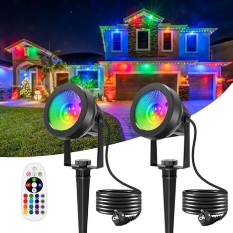 Spot LED Extérieur RGB, 2 Pièces 16 Couleurs et 4 Modes Eclairage Exterieur avec Télécommande, Projecteur LED avec Prise, IP65 Étanche Lampe pour Jardin, Chemin, Terrasse, Christmas (1/5)