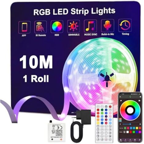 Ruban Led 10m,24V RVB Bande LED avec Télécommande et Bluetooth APP,Synchronisation de la Musique, Mode Minuterie,Flexible Multicolore Bande LED pour Salon,Chambre,Fête,Festival,Mariage (1/5)