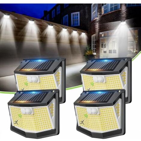 248 LED Lampe Solaire Exterieur Détecteur Mouvement Solaire Lumiere Exterieur IP65 Etanche éclairage 270° Sécurité sans Fil lampe Mural Applique Garage Lot de 4 (1/5)