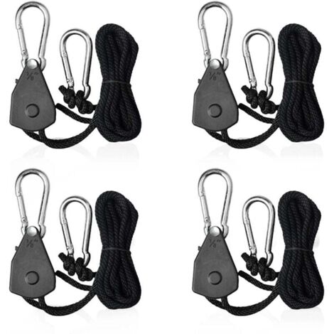 SNQ – Cordes à cliquet réglables 1/8 – Lot de 4 – Charge max 34kg – Corde polypropylène tressé 2,4m – Crochets en acier inoxydable