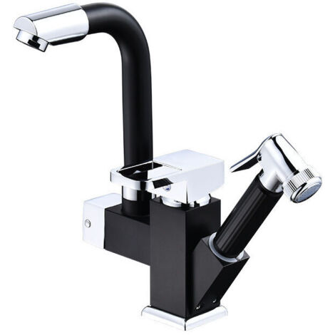 Mélangeur de cuisine monobloc pivotant à 360° avec douchette extractible noir - 1428cm