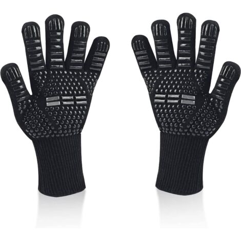 Gants de Barbecue, Universel Gants Four Anti Chaleur Jusqu'à 800°C, Antidérapants Silicone Ignifuge Gant Cuisine avec Protection de l'avant-Bras, pour BBQ, Cuisson au Four, Cheminée (Noir) (1/4)