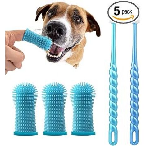 Brosse à Dent Chien, 360° Brosses à Doigts pour Animaux, Rafraîchit l'Haleine & Élimine la Plaque Dentaire, Pour le Nettoyage et le Soin des Dents, Chien Accessoires, Lot de 5 (Bleu)