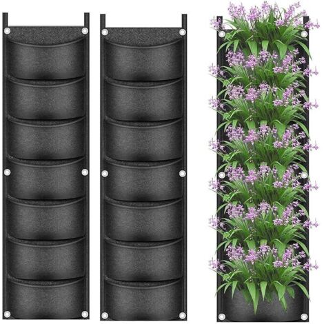 2 Pièces Sacs de Culture de Plantes Suspendus, 7 Poches Jardinière Murale Sac pour Pot de Fleurs Vertical Sacs de Culture Respirants en Tissu Non Tissé pour Cour Jardin Maison Décoration (Noir) (1/5)