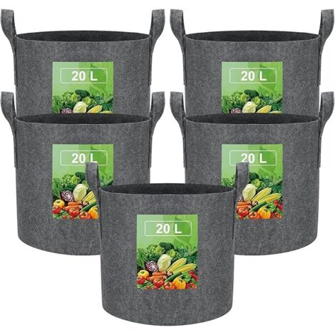 20L Sac de Plantation Terre en Tissu avec Poignée,Sacs de Culture de Plantes Réutilisable pour Cultiver Pommes Terre,Tomates,Légumes,Fleurs,Un Pot de Jardin Épaissi et Aéré,5pcs Gris (1/5)