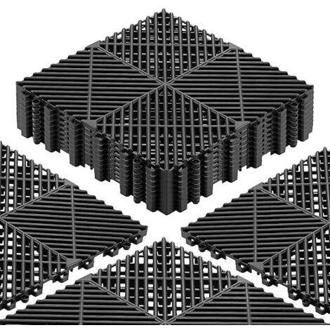 Dalles de Sol Clipsables pour Garage, Lot de 12, Tapis de Drainage Modulaire en PP, Système d'Emboîtement Antidérapant, pour Terrasse, Jardin, Balcon, Piscine, Spa, Sous-sol, 310x310 mm, Noir