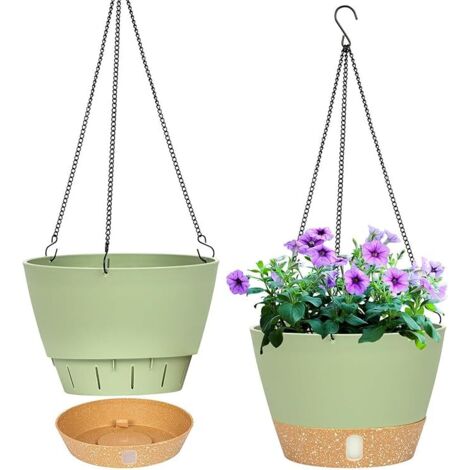 Lot de 2 jardinières suspendues, 20.3 cm de diamètre pour l'intérieur et l'extérieur, Pot de Fleurs Suspendu avec Trou de Drainage et 3 Crochets pour Le Jardin et la Maison (Vert) (1/5)