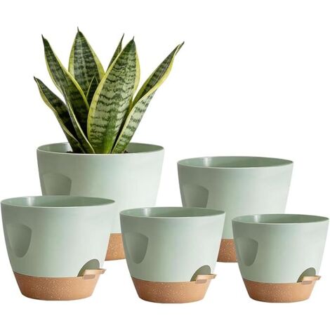 5 Pots de Fleurs à Arrosage Automatique, 17.8/16.5/15.2/13.9/12.7cm Pots à Fleurs avec Une Poignée, Auto-Arrosant avec Soucoupe de Fleur pour Plantes d'Intérieur, Fleurs, Cactus(Vert) (1/5)