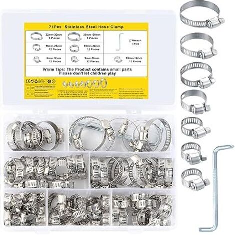 Collier de Serrage Réglables, Tuyau Clips, Colliers de Serrage en Acier Inoxydable, Pinces de Tuyau pour Tube A'automobiles, Piscine, 71 Pièces/8-38 mm (1/5)