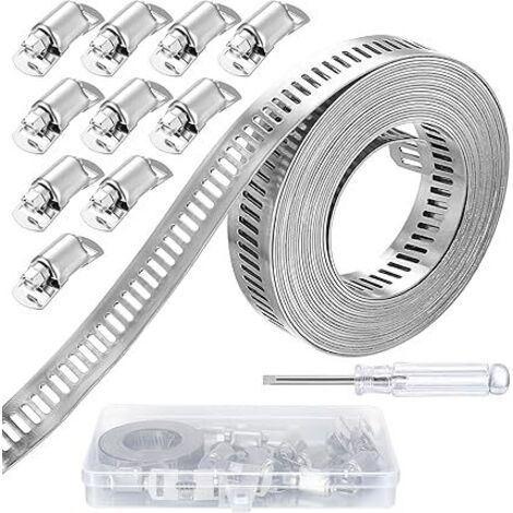 3,5 M Collier de Serrage Inox, Collier de Serrage Métallique, Collier Serrage Inox à Vis, Colliers de Serrage Réglable pour Fixation Tuyaux de Gaz Eau Voiture, Avec 10 Fermetures Attaches