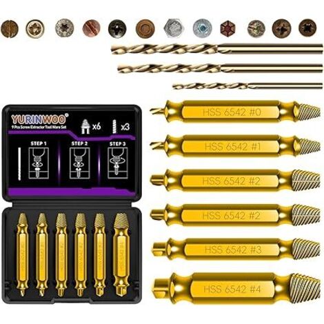 9 Pièces kit Extracteur de Vis Cassée en Alliage Titane, Dureté 80 HRC, Fabriqué en HSS 6542, Extracteur de Vis Dénudé, Extracteur de Petite Vis Pour Percer et Enlever des Vis Endommagées