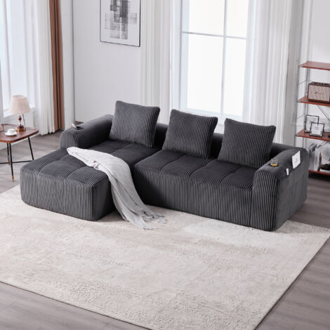 Canapé compact en velours côtelé – doux, modulable et pratique au quotidien, avec une poche latérale et un porte-gobelet. Confort optimal pour les longues heures d'assise, avec 3 coussins inclus. pour (1/5)