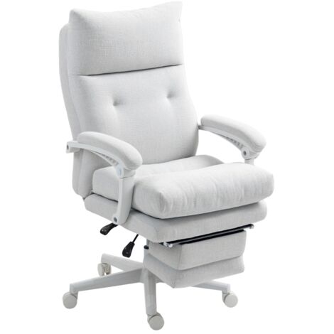 Chaise de bureau ergonomique avec soutien lombaire, revêtue de tissu blanc crème., repose-pieds, pivotante et réglable en hauteur, dossier haut, aspect lin (1/5)