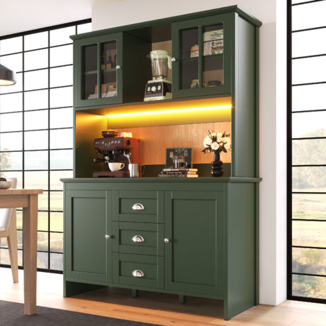 Küchenschränke (120 x 40 x 179 cm), hohe Küchenschränke, Buffets, Küchenschränke mit braunen Glastüren und LED-Beleuchtung, vert