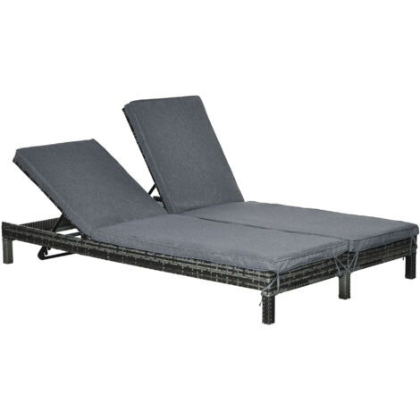 Transat en polyrotin, chaise longue de jardin pour 2 personnes, dossier inclinable 5 positions, structure en métal et rotin PE, 196 x 120 x 28 cm, pour jardin et terrasse. (1/5)