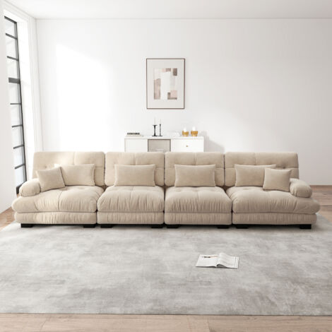 Canapé d'angle modulable 4 places avec assise profonde, canapé-lit en chenille marron clair, confortable et revêtu de tissu chenille marron clair, idéal pour le salon, appartement, studio ou bureau. (1/5)