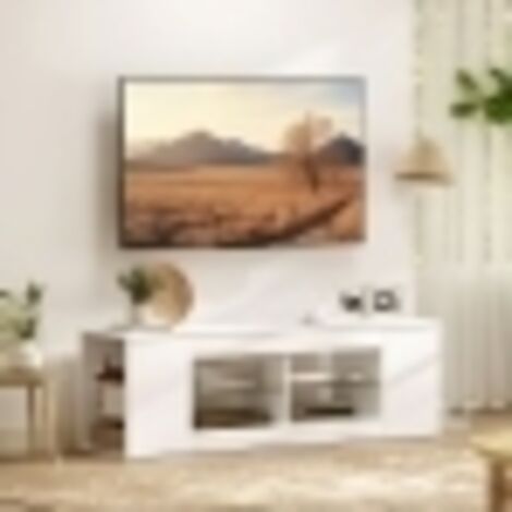 Meuble TV 140 cm, commode télévision, 6 compartiments, 2 étagères en verre, panneau de particules, blanc (1/5)